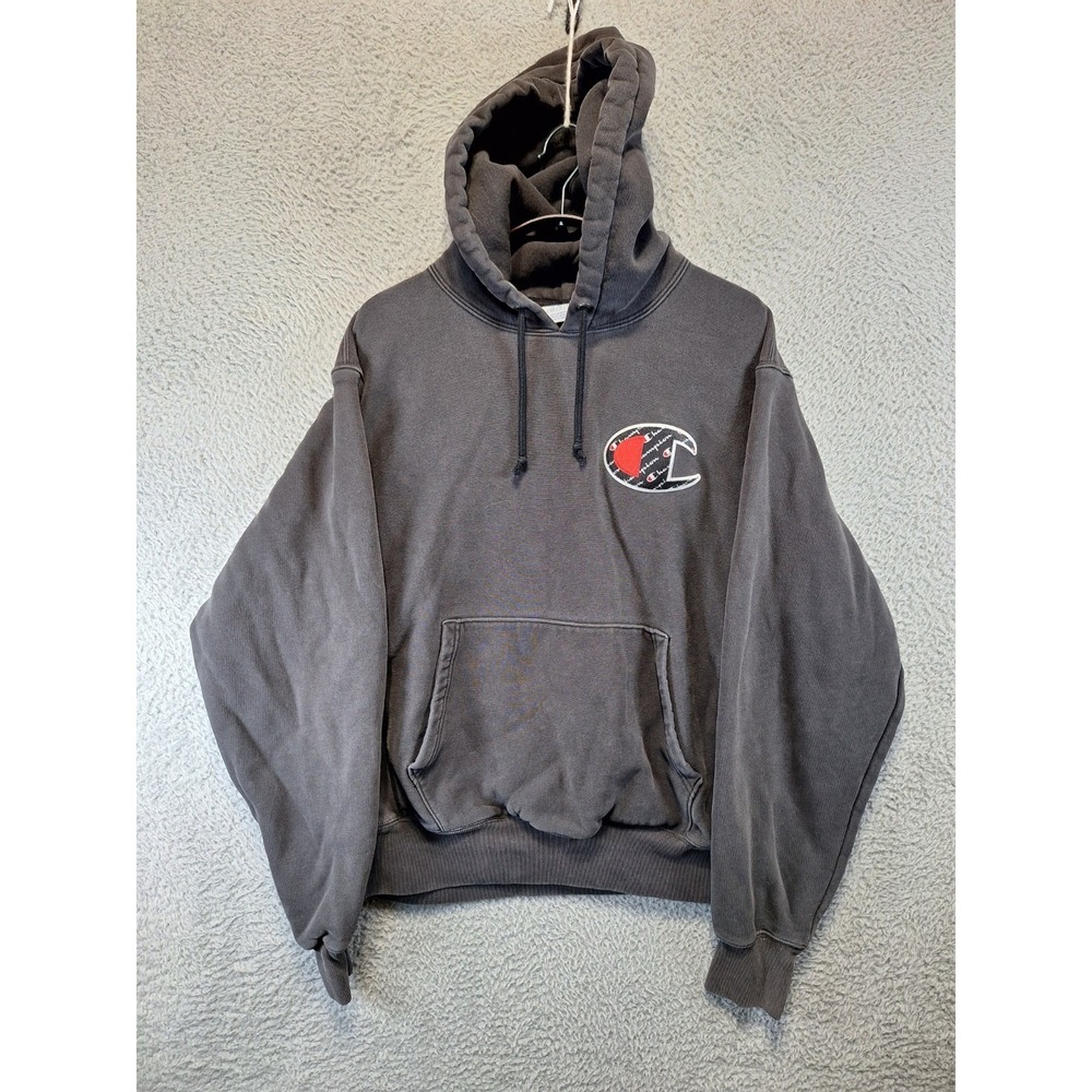 Champion Reverse Weave Hoodie Mens Medium Black Fleece Lined Script Big Logo